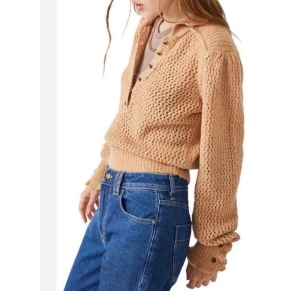 We The Free X Free People Snowdrift Sweater XS Pullover Brown Boucle 1/2 Button - Picture 1 of 11